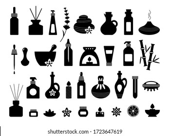 Aromatherapy, essential oil silhouettes set. Spa, massage, wellness, beauty icons. Alternative medicine and ayurveda. Homeopathy. Bottle, diffuser, murmur, cream, soap, dropper, stone. 