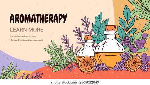 Aromatherapy essential oils bottles herbs citrus vibrant plants colorful background wellness design banner