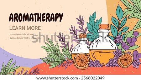 Aromatherapy essential oils bottles herbs citrus vibrant plants colorful background wellness design banner