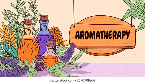 Aromatherapy essential oils bottles lavender leaves floral background wellness spa theme colorful design