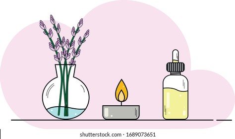 Aromatherapy and essential oils brochure template, and candle Vector line doodle illustration of spa candles, lavander, oil, massage. Linear poster, editable stroke