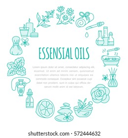 Aromatherapy And Essential Oils Brochure Template, Circle Poster. Vector Line Illustration Of Aroma Therapy Diffuser, Oil Burner, Spa Candles, Incense Sticks, Herbal Bag Massage.