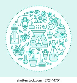 Aromatherapy and essential oils brochure template, circle poster. Vector line illustration of aroma therapy diffuser, oil burner, spa candles, incense sticks, herbal bag massage.