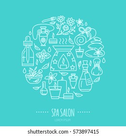 Aromatherapy and essential oils brochure template, circle poster. Vector line illustration of aroma therapy diffuser, oil burner, spa candles, incense sticks, herbal bag massage