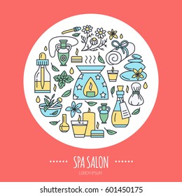 Aromatherapy and essential oils brochure template, circle poster. Vector line illustration of aroma therapy diffuser, oil burner, spa candles, incense sticks, herbal bag massage.