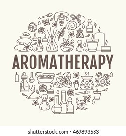 Plantilla de círculo de aromaterapia y aceites esenciales. Ilustración vectorial de difusor, quemador de aceite, velas de spa, palos de incienso, masaje de hierbas. 