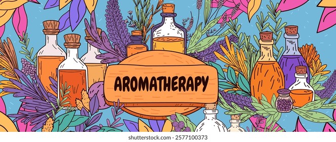 Aromatherapy essential oils and herbs colorful bottles surrounded by vibrant leaves and flowers on a blue background wellness spa theme