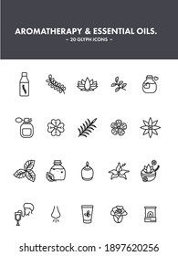 Aromatherapy And Essential Oils Icon Set In Black Line Art.