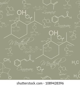 Aromatherapy essential oils repeat pattern with names and chemical formulae of the most common oils.