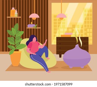 Aromatherapy Flat Background With Woman Relaxing In Home Armchair Using Essential Oils Diffuser Vector Illustration