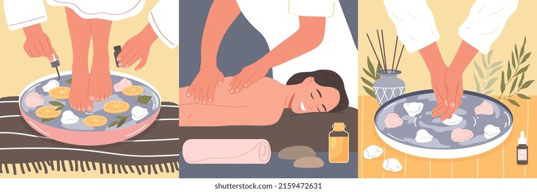 Aromatherapy flat concept set with women getting oil massage isolated vector illustration
