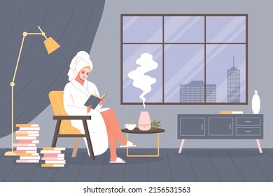 Aromatherapy flat concept with woman making cosmetic procedures at home vector illustration