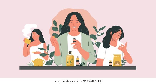 Aromatherapy flat concept with young women smelling essential oils vector illustration