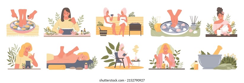 Aromatherapy flat icons set with spa massage and cosmetic salon procedures isolated vector illustration
