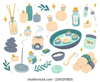 Aromatherapy flat icons set. Therapeutic candles, essential oils, gentle towels for relaxing. Cosmetology and self care. Spa procedures. Color isolated illustrations