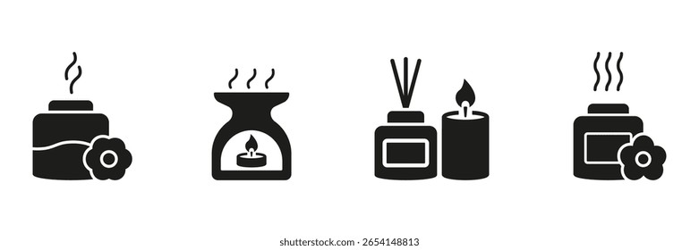 Aromatherapy And Fragrance Diffuser Solid Icon Set. Relaxation, Wellness, And Home Scenting Silhouette Symbol Collection. Essential Oils, Candles, And Incense. Isolated Vector Illustration.