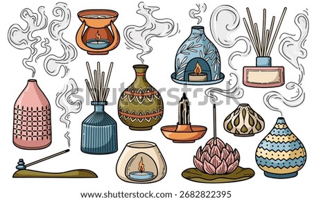 Aromatherapy and fragrance doodle vector illustrations collection. Incense stick, aroma lamp, diffuser.