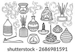 Aromatherapy and fragrance outline vector illustrations collection. Incense stick, aroma lamp, diffuser.
