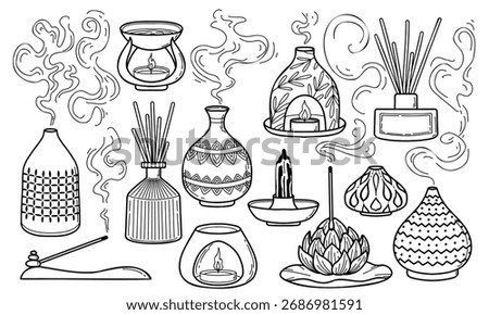 Aromatherapy and fragrance outline vector illustrations collection. Incense stick, aroma lamp, diffuser.