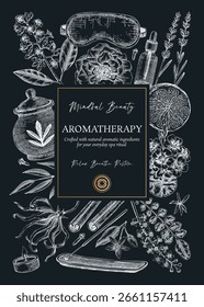 Aromatherapy frame design. Spa and wellness hand-drawn vector illustration. Self care floral card template on chalkboard. NOT AI generated