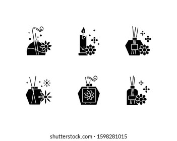 Aromatherapy glyph icons set. Floral scented sticks. Aromatic candles. Blossom air freshener. Cosmetology, spa therapy. Relaxation. Female selfcare. Silhouette symbols. Vector isolated illustration