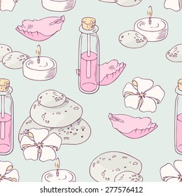 Aromatherapy hand drawn seamless pattern. Vector illustration. Spa background