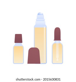 Aromatherapy and herbal medicine concept. Vector flat illustration. Glass bottle and pipette with yellow oil liquid isolated on white background. Design element