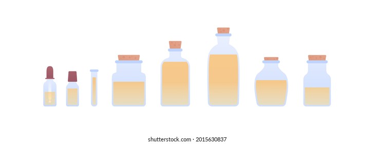 Aromatherapy and herbal medicine concept. Vector flat illustration set. Collection of glass bottle, jar and pipette with yellow oil liquid isolated on white background. Design element