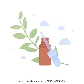 Aromaterapia y concepto de medicina a base de plantas. Ilustración plana vectorial. Frasco de vidrio marrón con aceite líquido, pipeta y hojas de eucalipto aisladas en fondo blanco. Elemento de diseño