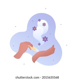 Aromatherapy and herbal medicine concept. Vector flat illustration. Brown female human hand applying essential oil on wrist by roller isolated on white. Scent and flower symbol