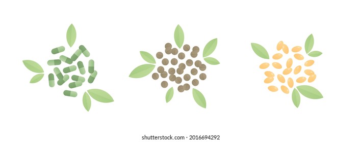 Aromatherapy and herbal medicine concept. Vector flat illustration set. Collection of different capsule, pills and medicine with leaf symbol isolated on white background. Design element