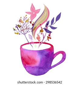 aromatherapy and herbal tea design concept - beautiful hand drawn cup with flowers on white background - vector illustration