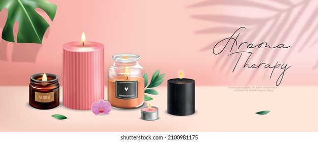 Aromatherapy horizontal ads poster with burning scented wax candles realistic vector illustration