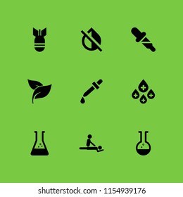 aromatherapy icon. 9 aromatherapy set with herbal spa treatment leaves, bomb, dropper and beaker vector icons for web and mobile app
