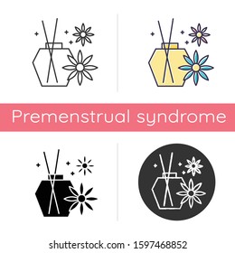 Aromatherapy icon. Blossom scented sticks. Essential oils in glass jar. Selfcare and wellness. Therapeutic spa product. Flat design, linear and color styles. Isolated vector illustrations