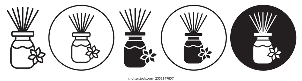 Aromatherapy icon. Flat symbol of aromatic room diffuser with incense stick in jar or pot. Vector set of air freshener aroma scent agarbatti. Outline round logo of flower smell for zen meditation spa