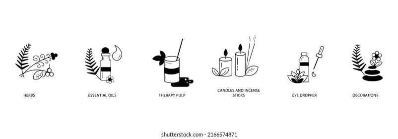 aromatherapy icon set, herbs, essential oil, therapy pulp, candles and incense, eye dropper, decorations 