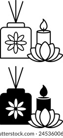 Aromatherapy icons. Black and White Vector Icons. Scented Candle, Aromatherapy Stick, and Lotus Flower. Aroma Reed Diffuser. Spa Treatments and Relaxation. Mental Health. Wellness Concept