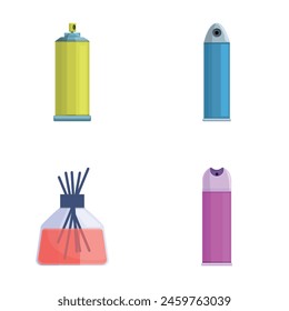 Aromatherapy icons set cartoon vector. Room deodorant, aromatic diffuser stick. Natural fragrance equipment