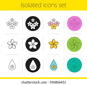 Aromatherapy icons set. Linear, black and color styles. Spa salon plumeria flowers, aroma therapy oil drop. Isolated vector illustrations