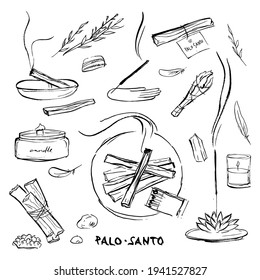 Aromatherapy illustration set: Palo Santo, herbs, scented candles