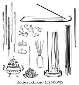 Aromatherapy, Incense Sticks. Vector Sketch  Illustration. 