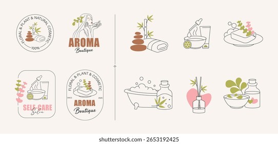 Aromatherapy Line Art Logos e Vetor Spa Elements for Organic Beauty Brands. Coleção de elegantes logotipos de contorno e ilustrações decorativas. Diversidade em Beleza e Skincare