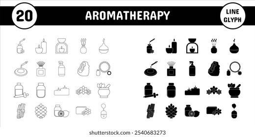 Linha de aromaterapia Glifo Vetor Ilustração Ícone Adesivo Conjunto Design Materiais