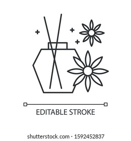 Aromatherapy linear icon. Blossom scented sticks. Essential oils in glass jar. Selfcare and wellness. Thin line illustration. Contour symbol. Vector isolated outline drawing. Editable stroke