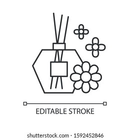 Aromatherapy linear icon. Floral scented sticks. Essential oils in glass jar. Female selfcare. Thin line illustration. Contour symbol. Vector isolated outline drawing. Editable stroke