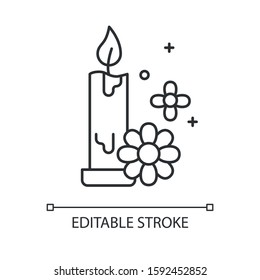 Aromatherapy linear icon. Floral scented candle. Perfumed air freshener. Spa product for meditation. Thin line illustration. Contour symbol. Vector isolated outline drawing. Editable stroke