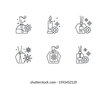 Aromatherapy linear icons set. Floral scented sticks. Aromatic candles. Cosmetology, spa therapy. Thin line contour symbols. Isolated vector outline illustrations. Editable stroke. Perfect pixel