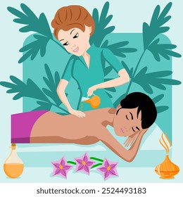 Aromatherapy massage. Therapy and treatment by professional therapist in SPA. Isolated flat vector illustration. European and Indian ethnicity.