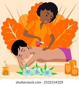 Aromatherapy massage. Therapy and treatment by professional therapist in SPA. Isolated flat vector illustration. African and Indian ethnicity.